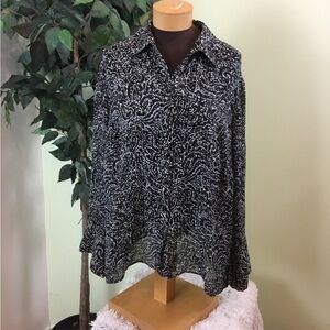 Nine & Co 18W black and gray semi sheer long sleeve button down blouse